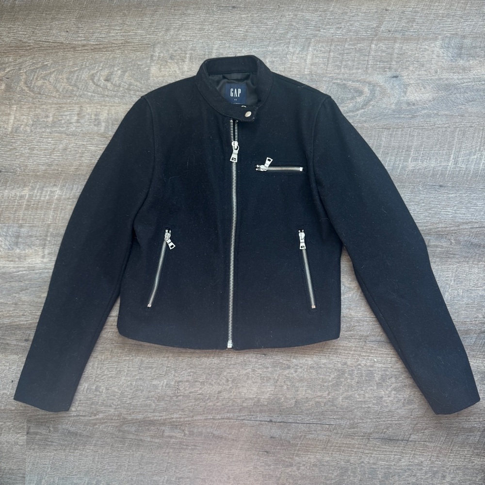 Gap Wool Blend Cropped Moto Jacket Size XS Black Blazer‎ Chrome Zipper Womens